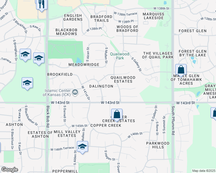 map of restaurants, bars, coffee shops, grocery stores, and more near 14312 West 142nd Street in Olathe