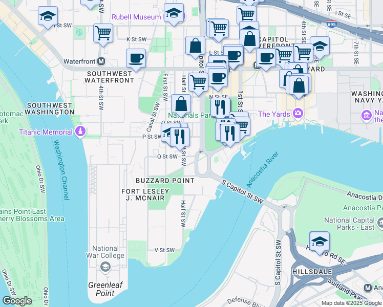 map of restaurants, bars, coffee shops, grocery stores, and more near 39 Q Street Southwest in Washington