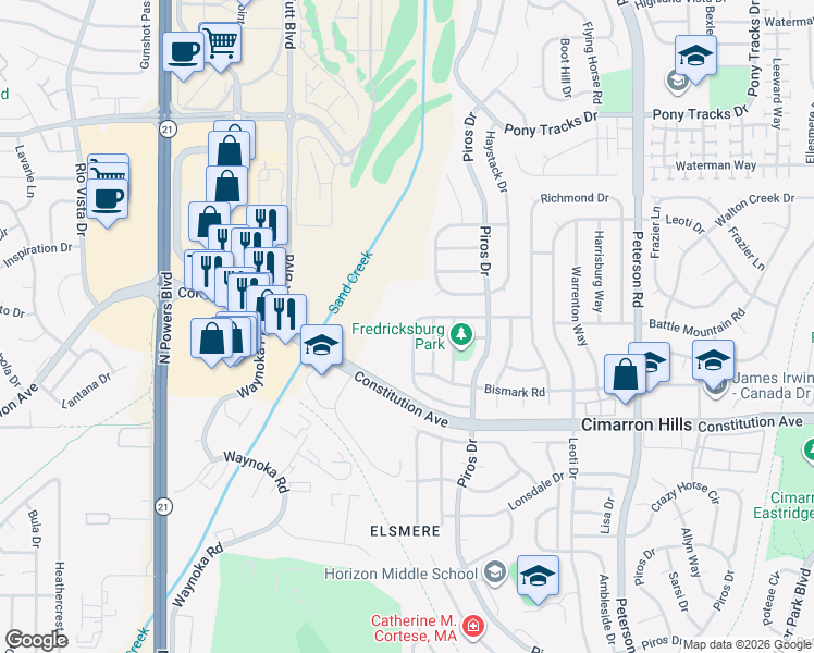 map of restaurants, bars, coffee shops, grocery stores, and more near 6438 Chantilly Place in Colorado Springs