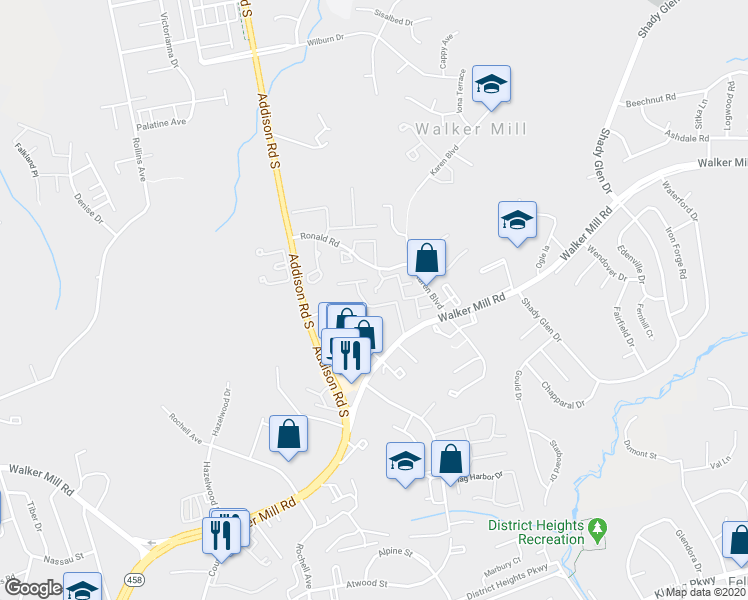 map of restaurants, bars, coffee shops, grocery stores, and more near 6816 Walker Mill Road in Capitol Heights