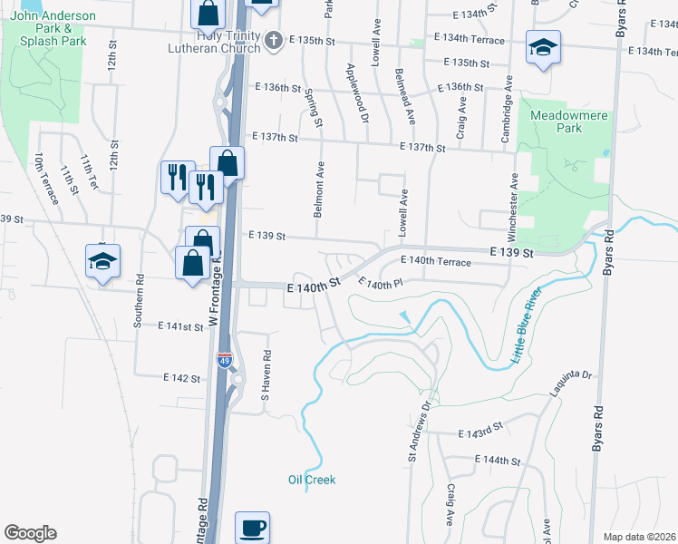 map of restaurants, bars, coffee shops, grocery stores, and more near 13915 Falkirk Circle in Grandview