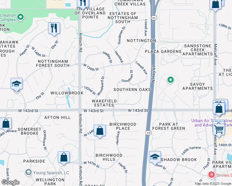 map of restaurants, bars, coffee shops, grocery stores, and more near 14200 Goodman Street in Overland Park