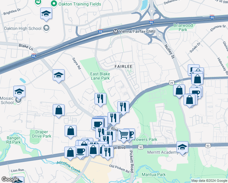 map of restaurants, bars, coffee shops, grocery stores, and more near 3093 Winter Pine Court in Fairfax