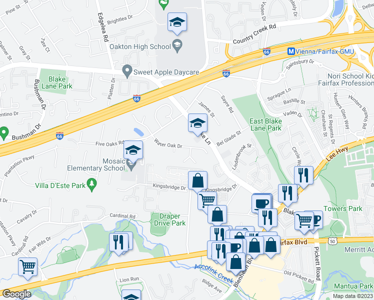 map of restaurants, bars, coffee shops, grocery stores, and more near 9721 Water Oak Drive in Fairfax