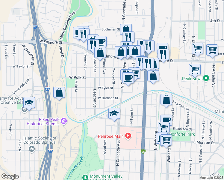 map of restaurants, bars, coffee shops, grocery stores, and more near 103 West Tyler Street in Colorado Springs