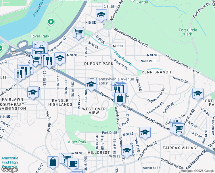 map of restaurants, bars, coffee shops, grocery stores, and more near 3116 Q Street Southeast in Washington