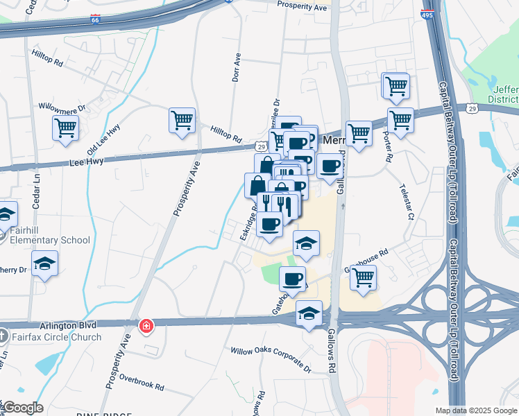 map of restaurants, bars, coffee shops, grocery stores, and more near 2945 Eskridge Road in Fairfax