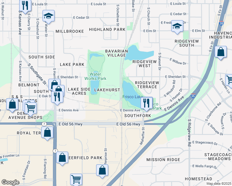 map of restaurants, bars, coffee shops, grocery stores, and more near 647 East El Monte Court in Olathe