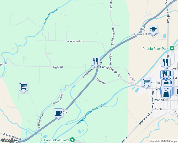 map of restaurants, bars, coffee shops, grocery stores, and more near 14960 Bethlehem Road in Paonia