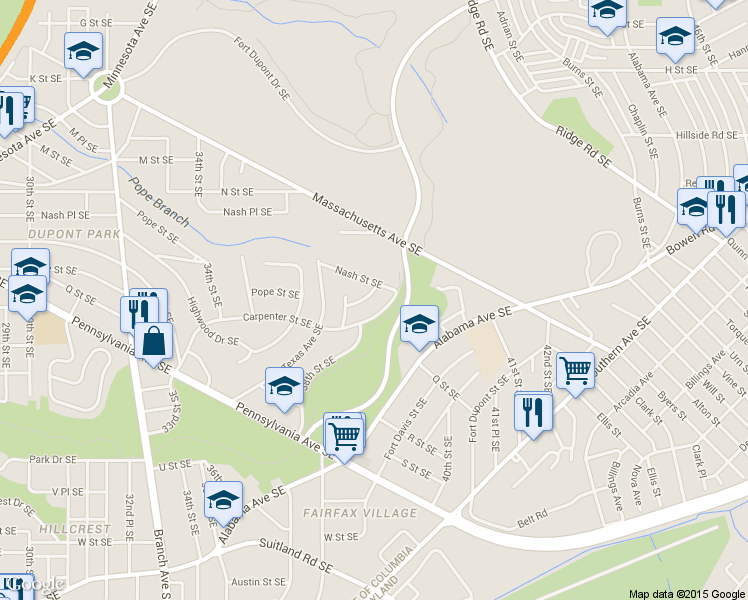 map of restaurants, bars, coffee shops, grocery stores, and more near 3827 Pope St SE in Washington