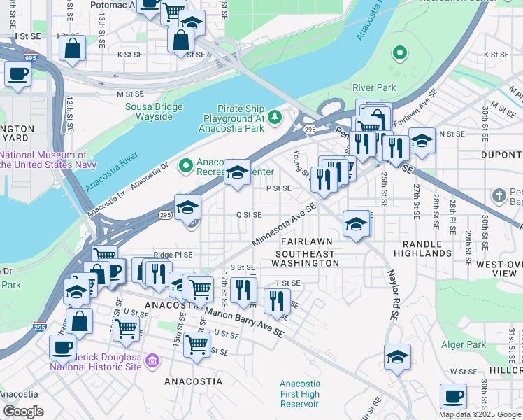 map of restaurants, bars, coffee shops, grocery stores, and more near 1810 Q Street Southeast in Washington