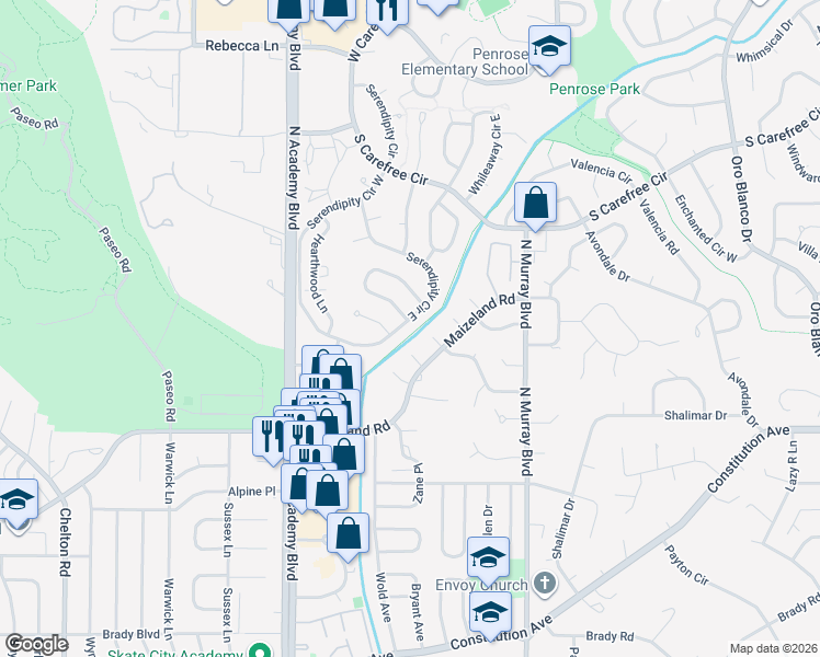 map of restaurants, bars, coffee shops, grocery stores, and more near 2715 Serendipity Circle East in Colorado Springs