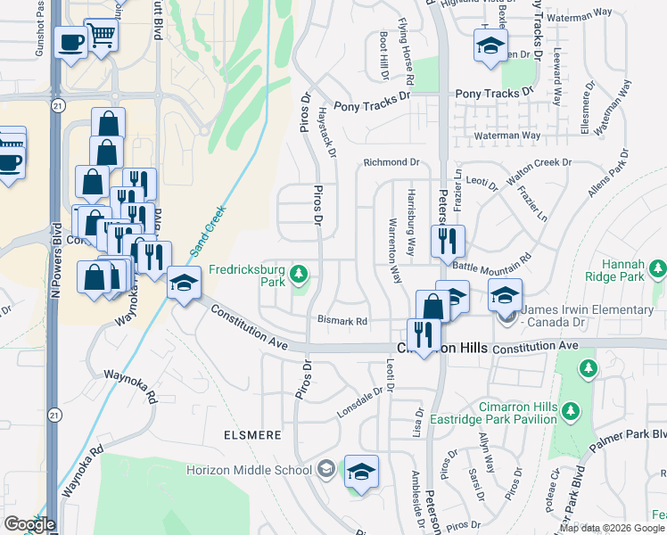 map of restaurants, bars, coffee shops, grocery stores, and more near 2765 Charlottesville Drive in Colorado Springs