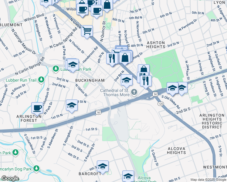 map of restaurants, bars, coffee shops, grocery stores, and more near 209 North Trenton Street in Arlington