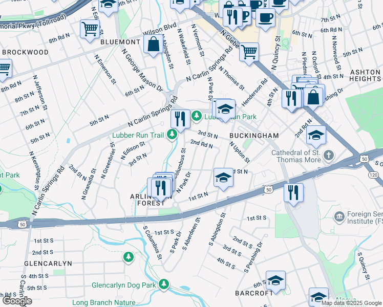 map of restaurants, bars, coffee shops, grocery stores, and more near 222 North Park Drive in Arlington