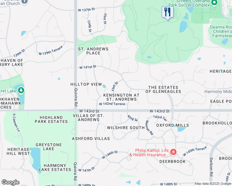 map of restaurants, bars, coffee shops, grocery stores, and more near 11324 West 142nd Street in Overland Park