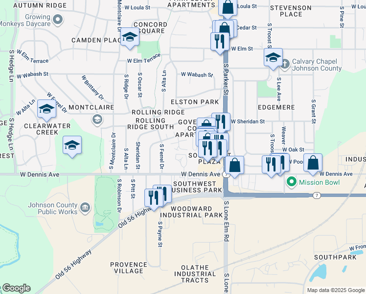 map of restaurants, bars, coffee shops, grocery stores, and more near 1175 West Virginia Lane in Olathe