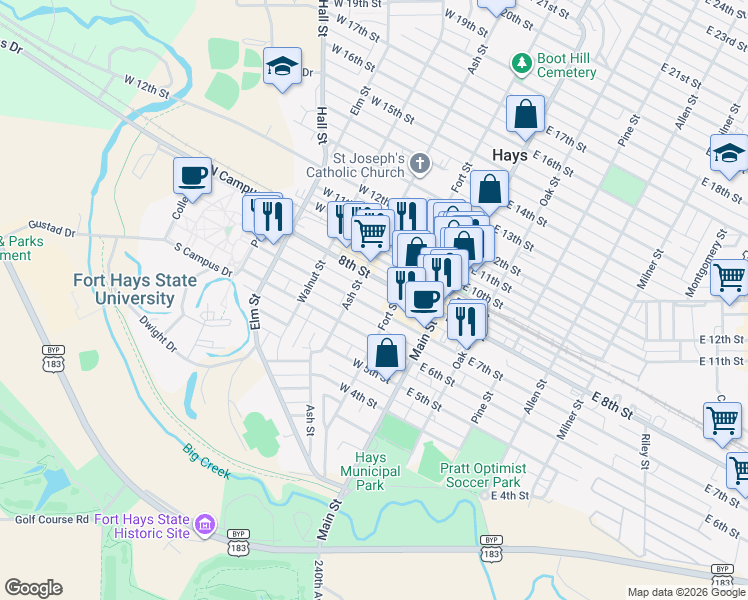 map of restaurants, bars, coffee shops, grocery stores, and more near 209 West 7th Street in Hays