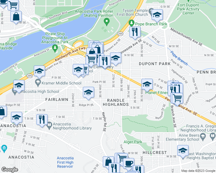 map of restaurants, bars, coffee shops, grocery stores, and more near 2522 Q Street Southeast in Washington