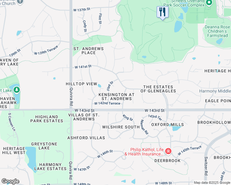 map of restaurants, bars, coffee shops, grocery stores, and more near 11324 West 142nd Street in Overland Park