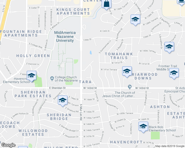 map of restaurants, bars, coffee shops, grocery stores, and more near 14129 South Locust Street in Olathe
