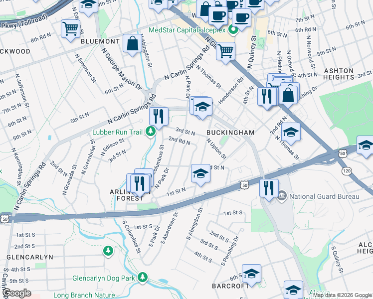 map of restaurants, bars, coffee shops, grocery stores, and more near 225 N Abingdon St in Arlington