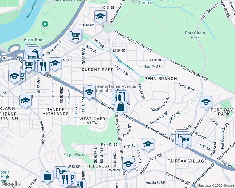map of restaurants, bars, coffee shops, grocery stores, and more near 3648 Southern Avenue Southeast in Washington