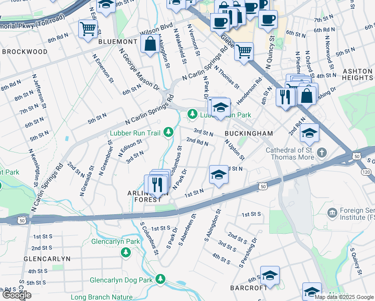 map of restaurants, bars, coffee shops, grocery stores, and more near 222 North Park Drive in Arlington