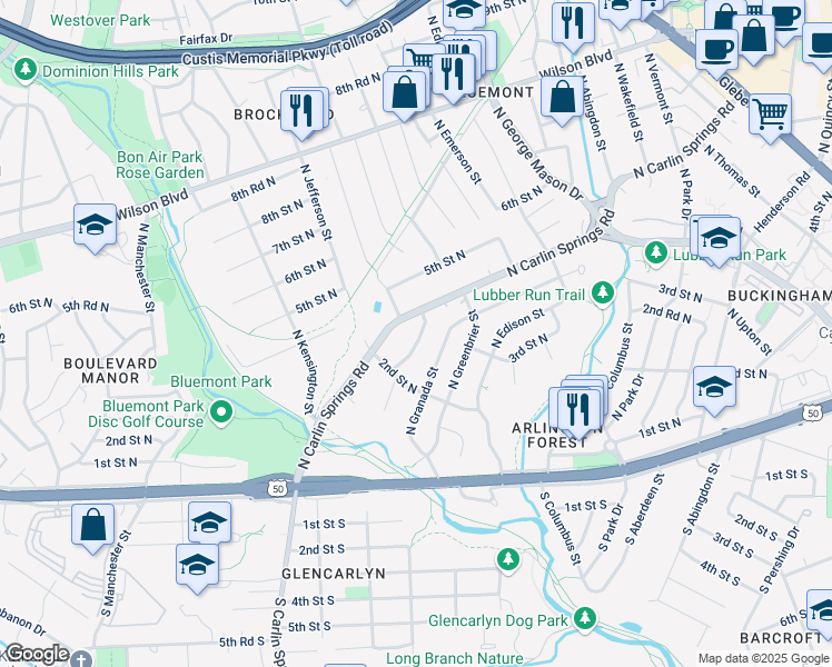map of restaurants, bars, coffee shops, grocery stores, and more near 234 North Galveston Street in Arlington
