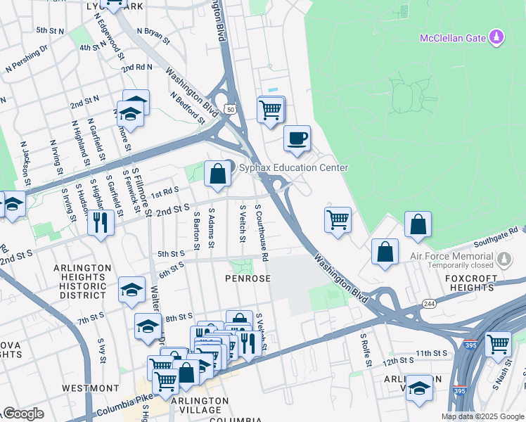 map of restaurants, bars, coffee shops, grocery stores, and more near 301 South Courthouse Road in Arlington