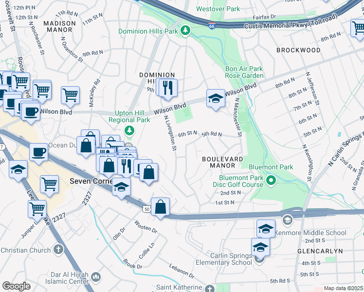 map of restaurants, bars, coffee shops, grocery stores, and more near 546 North Lombardy Street in Arlington