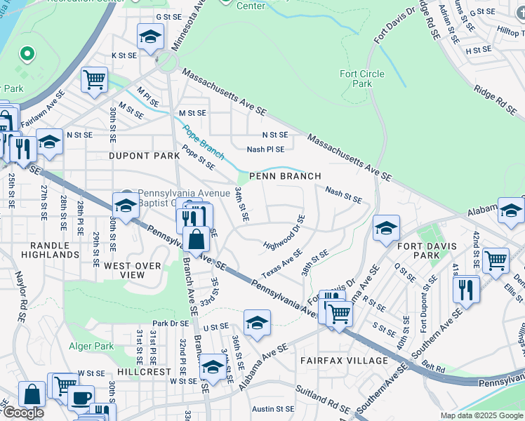 map of restaurants, bars, coffee shops, grocery stores, and more near 1501 35th Street Southeast in Washington