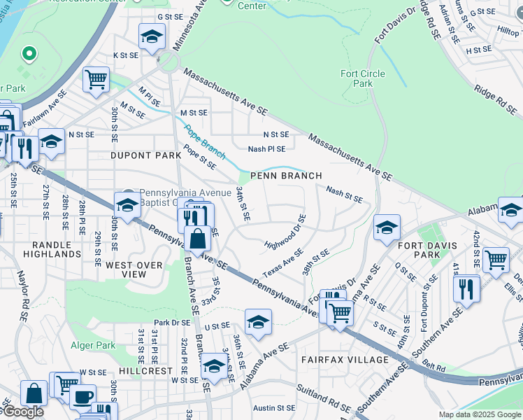 map of restaurants, bars, coffee shops, grocery stores, and more near 1501 35th Street Southeast in Washington