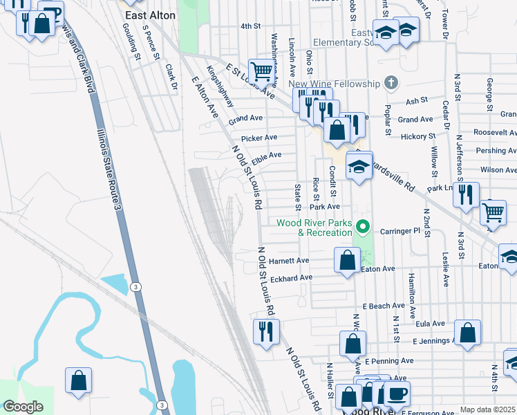 map of restaurants, bars, coffee shops, grocery stores, and more near 431 North Old Saint Louis Road in Wood River