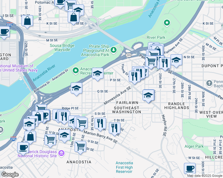 map of restaurants, bars, coffee shops, grocery stores, and more near 1828 Q Street Southeast in Washington