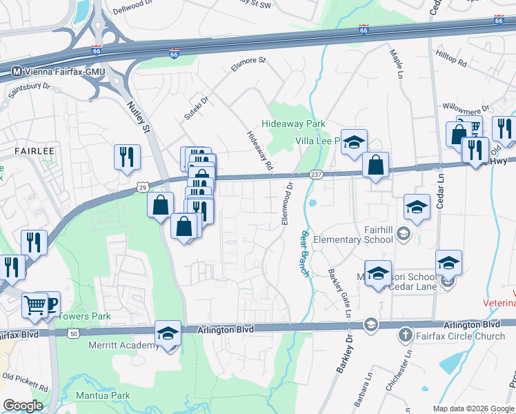 map of restaurants, bars, coffee shops, grocery stores, and more near 3007 Braxton Wood Court in Fairfax