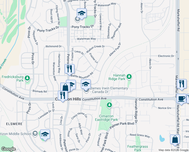 map of restaurants, bars, coffee shops, grocery stores, and more near 2635 Lone Tree Court in Colorado Springs