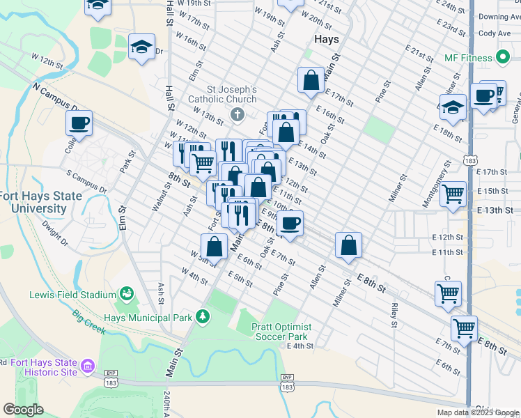 map of restaurants, bars, coffee shops, grocery stores, and more near 117 East 9th Street in Hays