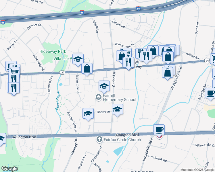 map of restaurants, bars, coffee shops, grocery stores, and more near 2973 Franciscan Lane in Fairfax