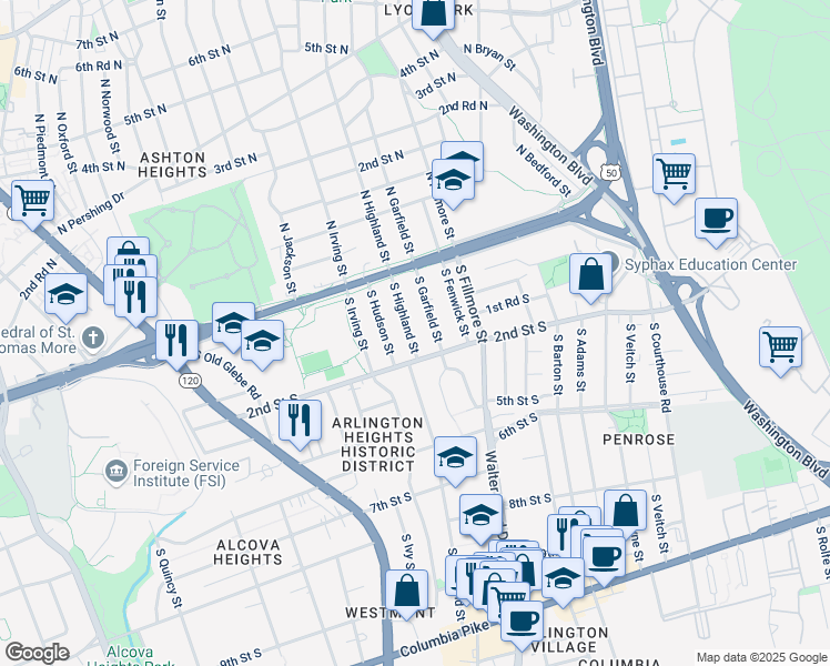 map of restaurants, bars, coffee shops, grocery stores, and more near 127 South Highland Street in Arlington