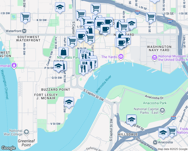 map of restaurants, bars, coffee shops, grocery stores, and more near 1520 First Street Southeast in Washington