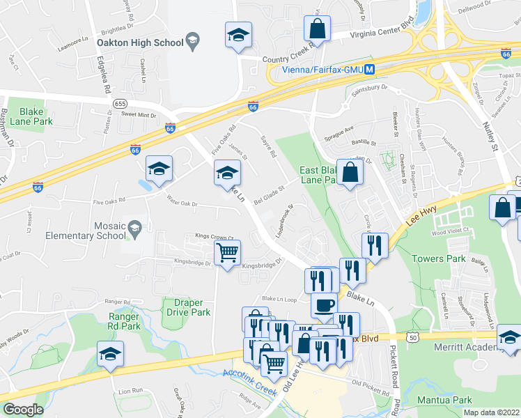 map of restaurants, bars, coffee shops, grocery stores, and more near 9640 Blake Lane in Fairfax