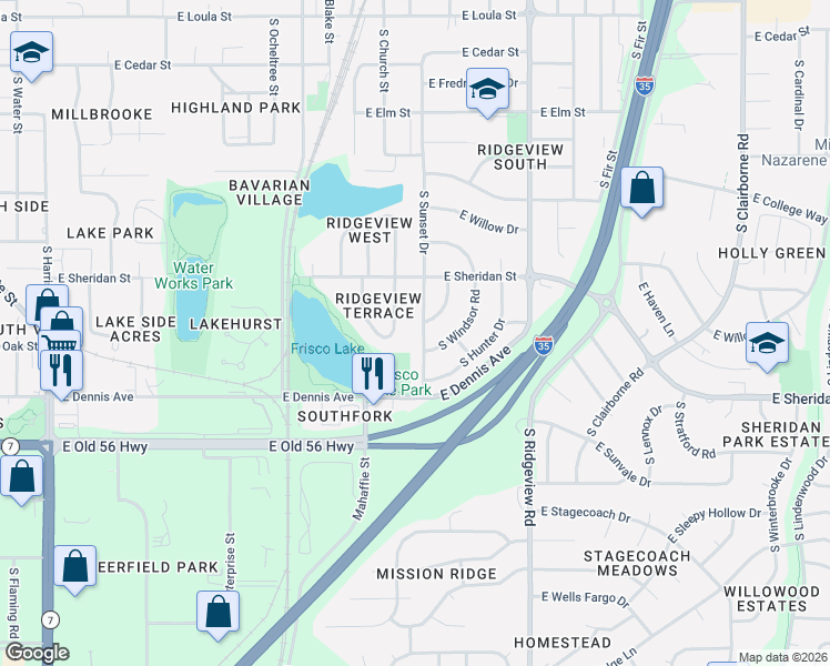 map of restaurants, bars, coffee shops, grocery stores, and more near 833 South Sunset Drive in Olathe