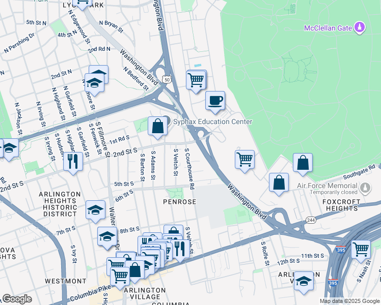 map of restaurants, bars, coffee shops, grocery stores, and more near 301 South Courthouse Road in Arlington