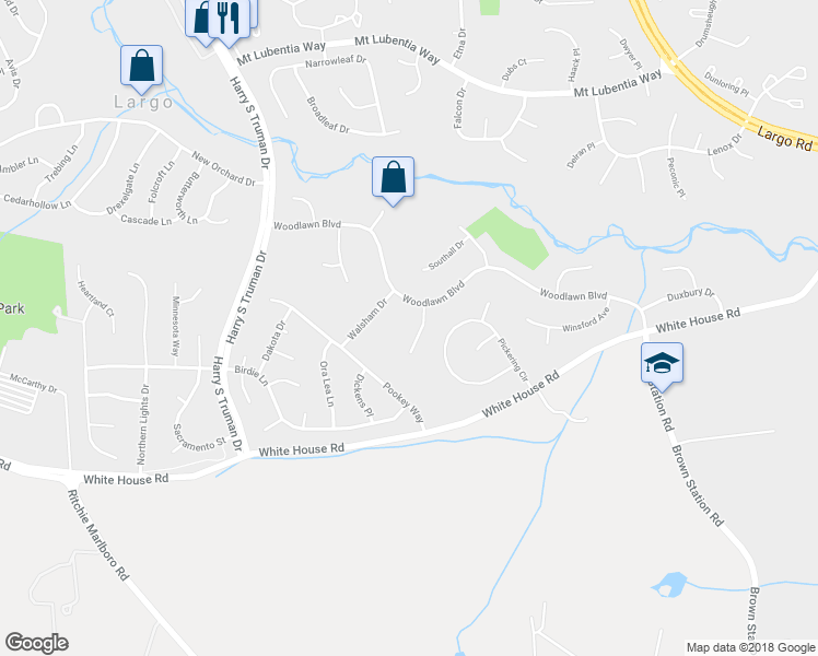 map of restaurants, bars, coffee shops, grocery stores, and more near 1305 Wembley Drive in Upper Marlboro