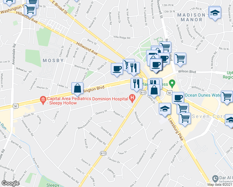 map of restaurants, bars, coffee shops, grocery stores, and more near 3024 Seven Oaks Place in Falls Church