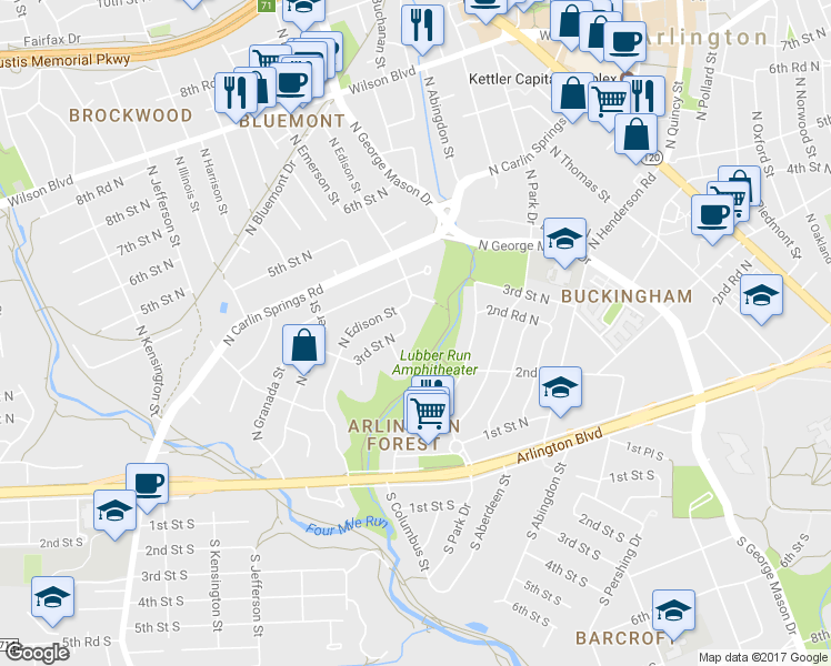 map of restaurants, bars, coffee shops, grocery stores, and more near 301 North Emerson Street in Arlington