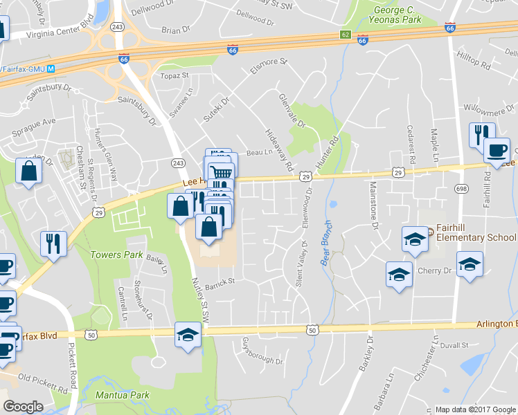 map of restaurants, bars, coffee shops, grocery stores, and more near 3055 Braxton Wood Court in Fairfax