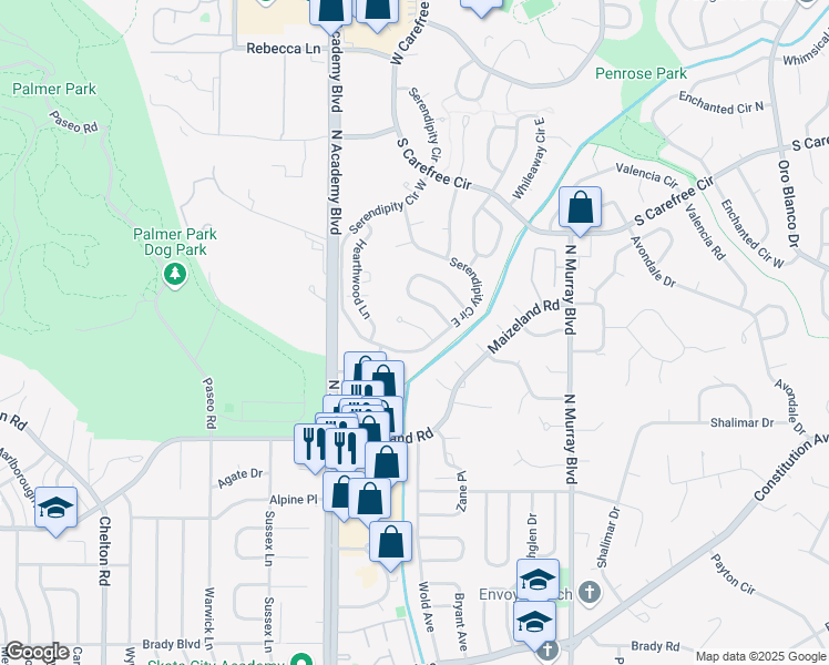 map of restaurants, bars, coffee shops, grocery stores, and more near 3823 Windsong Court in Colorado Springs
