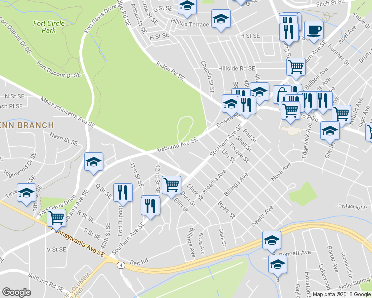 map of restaurants, bars, coffee shops, grocery stores, and more near 4147 Alabama Avenue Southeast in Washington
